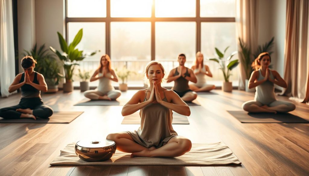 In a serene yoga studio setting, a diverse group of individuals is positioned in various yoga poses, embodying relaxation and mindfulness. In the foreground, a person in modest yoga attire gracefully holds a meditative pose on a soft mat, with a handpan gently resting beside them. In the middle, others practice yoga nidra, their bodies relaxed and aligned, while soft, ambient light filters in through large windows, casting a warm golden hue across the room. The background showcases tranquil plants and soft fabrics, enhancing the soothing atmosphere. The scene captures a harmonious blend of movement and stillness, invoking feelings of peace and intention, with an overall tranquil and uplifting mood. In a serene yoga studio setting, a diverse group of individuals is positioned in various yoga poses, embodying relaxation and mindfulness. In the foreground, a person in modest yoga attire gracefully holds a meditative pose on a soft mat, with a handpan gently resting beside them. In the middle, others practice yoga nidra, their bodies relaxed and aligned, while soft, ambient light filters in through large windows, casting a warm golden hue across the room. The background showcases tranquil plants and soft fabrics, enhancing the soothing atmosphere. The scene captures a harmonious blend of movement and stillness, invoking feelings of peace and intention, with an overall tranquil and uplifting mood.