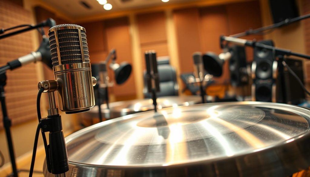 A close-up view of handpan microphones in a professional studio environment, showcasing a variety of high-quality membrane microphones positioned at different angles to capture sound. The foreground features a sleek condenser microphone with a shiny, metallic finish, surrounded by pop filters and mic stands. In the middle ground, a handpan is artistically placed, its surface reflecting soft light, emphasizing its intricate design. The background is softly blurred, revealing soundproofing panels and studio equipment bathed in warm, ambient lighting, creating a cozy atmosphere. The composition should convey a sense of focus and professionalism, with a clean and organized workspace, shot with a shallow depth of field to highlight the microphones and instruments. A close-up view of handpan microphones in a professional studio environment, showcasing a variety of high-quality membrane microphones positioned at different angles to capture sound. The foreground features a sleek condenser microphone with a shiny, metallic finish, surrounded by pop filters and mic stands. In the middle ground, a handpan is artistically placed, its surface reflecting soft light, emphasizing its intricate design. The background is softly blurred, revealing soundproofing panels and studio equipment bathed in warm, ambient lighting, creating a cozy atmosphere. The composition should convey a sense of focus and professionalism, with a clean and organized workspace, shot with a shallow depth of field to highlight the microphones and instruments.