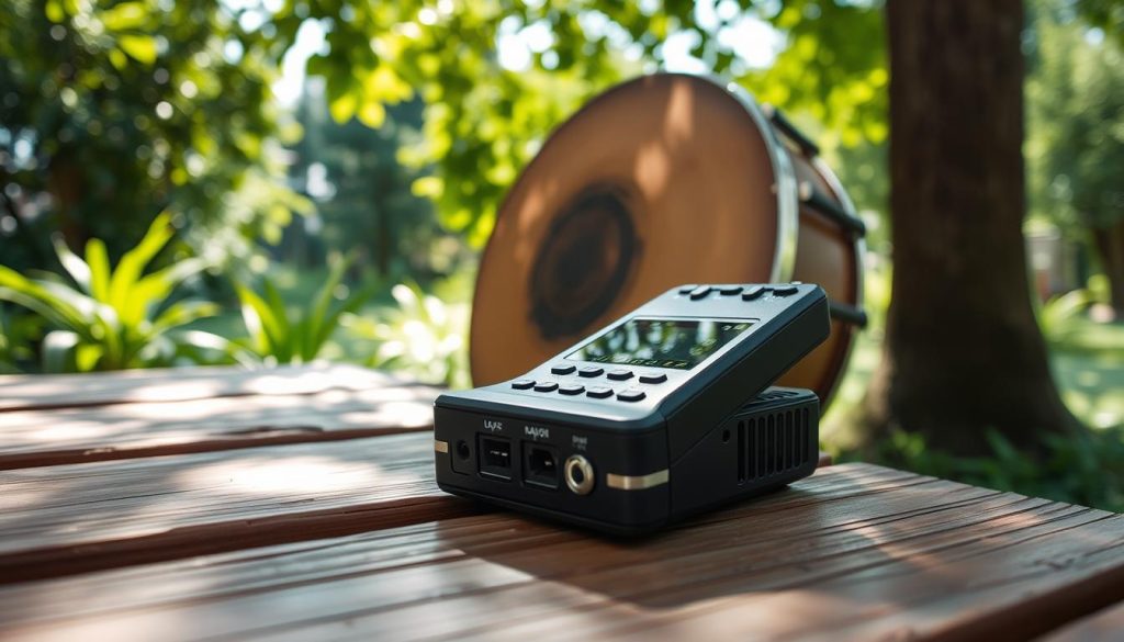A compact portable audio recorder sits on a weathered wooden table in a serene outdoor setting, surrounded by lush greenery. The device features a sleek design with a digital display and multiple input options, showcasing its versatility for capturing high-quality sound. In the background, a blurred handpan instrument leans against a tree, hinting at the recording's purpose. Soft, natural light filters through the leaves, creating dappled patterns on the table, while warm tones evoke a tranquil atmosphere. The angle captures the recorder from a slightly elevated perspective, emphasizing its features while maintaining a focus on the surrounding environment, reflecting the simplicity and charm of mobile recording without technical complications. A compact portable audio recorder sits on a weathered wooden table in a serene outdoor setting, surrounded by lush greenery. The device features a sleek design with a digital display and multiple input options, showcasing its versatility for capturing high-quality sound. In the background, a blurred handpan instrument leans against a tree, hinting at the recording's purpose. Soft, natural light filters through the leaves, creating dappled patterns on the table, while warm tones evoke a tranquil atmosphere. The angle captures the recorder from a slightly elevated perspective, emphasizing its features while maintaining a focus on the surrounding environment, reflecting the simplicity and charm of mobile recording without technical complications.