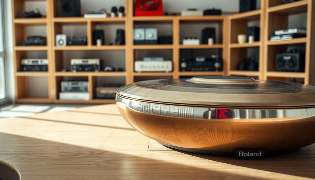 A detailed close-up of the Roland Mood Pan MN‑10, showcasing its unique design and ergonomic features. The handpan is placed on a sleek, modern wooden table in an airy, well-lit studio environment. Soft, natural lighting illuminates the metallic surface, highlighting the intricate tones and textures of the instrument. In the background, blurred shelves filled with audio equipment and musical accessories create a professional ambiance. The camera angle emphasizes the device’s contours and sleek lines, giving a sense of portability and ease of use. The overall mood is creative and inspiring, reflecting the essence of electronic handpan music. A detailed close-up of the Roland Mood Pan MN‑10, showcasing its unique design and ergonomic features. The handpan is placed on a sleek, modern wooden table in an airy, well-lit studio environment. Soft, natural lighting illuminates the metallic surface, highlighting the intricate tones and textures of the instrument. In the background, blurred shelves filled with audio equipment and musical accessories create a professional ambiance. The camera angle emphasizes the device’s contours and sleek lines, giving a sense of portability and ease of use. The overall mood is creative and inspiring, reflecting the essence of electronic handpan music.