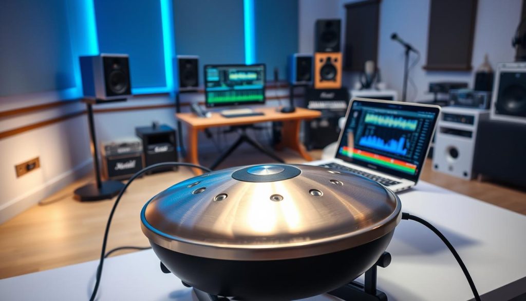 A modern electronic handpan sits prominently in the foreground, connected to a sleek laptop via a USB-C cable, showcasing its audio/MIDI capabilities. The laptop's screen displays a vibrant digital audio workstation, indicating active music production. In the middle ground, a comfortable studio workspace is provided with acoustic panels and ambient LED lighting in soft blues and greens that set a creative mood. To one side, a wireless Bluetooth hub symbolizes advanced connectivity options. In the background, an organized assortment of studio gear such as microphones and monitors adds depth, capturing the essence of a modern music studio. The scene is well-lit with focused light on the handpan, creating a captivating atmosphere for creativity and collaboration. The image should evoke innovation and seamless integration in digital music creation. A modern electronic handpan sits prominently in the foreground, connected to a sleek laptop via a USB-C cable, showcasing its audio/MIDI capabilities. The laptop's screen displays a vibrant digital audio workstation, indicating active music production. In the middle ground, a comfortable studio workspace is provided with acoustic panels and ambient LED lighting in soft blues and greens that set a creative mood. To one side, a wireless Bluetooth hub symbolizes advanced connectivity options. In the background, an organized assortment of studio gear such as microphones and monitors adds depth, capturing the essence of a modern music studio. The scene is well-lit with focused light on the handpan, creating a captivating atmosphere for creativity and collaboration. The image should evoke innovation and seamless integration in digital music creation.