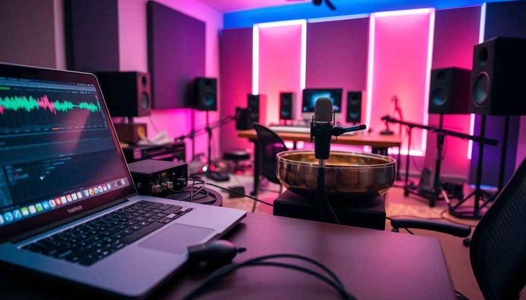 A professional workspace featuring a detailed setup for handpan recording. In the foreground, a sleek laptop displays a digital audio workstation (DAW) interface, with colorful waveforms and mixing controls visible. Beside it, an audio interface connects to a pair of high-quality microphones positioned near a beautifully crafted handpan, capturing its unique tones. In the middle ground, a modern desk cluttered with acoustic panels and cables creates an organized yet dynamic atmosphere. The background reveals a softly lit recording studio with vibrant LED lights, adding a creative flair. Soft, ambient lighting casts gentle shadows, enhancing the mood of focus and creativity. The overall composition conveys an inviting and professional environment ideal for recording music. A professional workspace featuring a detailed setup for handpan recording. In the foreground, a sleek laptop displays a digital audio workstation (DAW) interface, with colorful waveforms and mixing controls visible. Beside it, an audio interface connects to a pair of high-quality microphones positioned near a beautifully crafted handpan, capturing its unique tones. In the middle ground, a modern desk cluttered with acoustic panels and cables creates an organized yet dynamic atmosphere. The background reveals a softly lit recording studio with vibrant LED lights, adding a creative flair. Soft, ambient lighting casts gentle shadows, enhancing the mood of focus and creativity. The overall composition conveys an inviting and professional environment ideal for recording music.