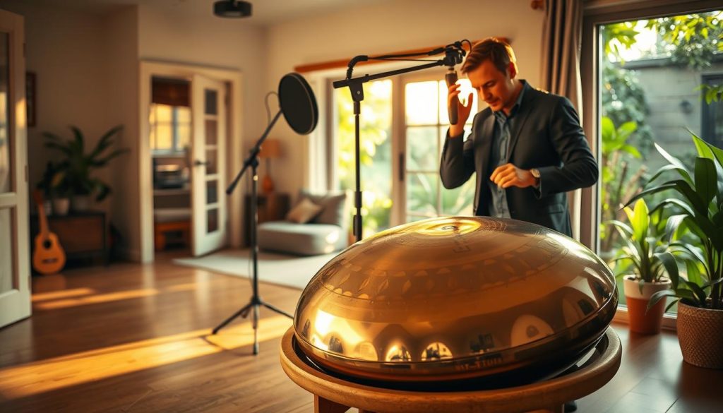 A serene indoor and outdoor setting depicting the preparation of a handpan for recording. In the foreground, a polished handpan rests on a simple wooden stand, its intricate patterns reflecting soft, natural light. In the middle ground, an audio engineer in professional attire adjusts a microphone on a boom stand above the instrument, ensuring optimal placement for sound capture. The background showcases a cozy, well-lit room blending with a lush, green garden, suggesting versatility for both indoor and outdoor recordings. The atmosphere is calm and focused, with warm lighting emphasizing the handpan's beautiful tones, evoking a sense of tranquility and creativity. The scene captures a perfect balance between preparing for a clean recording and appreciating the handpan's aesthetic beauty. A serene indoor and outdoor setting depicting the preparation of a handpan for recording. In the foreground, a polished handpan rests on a simple wooden stand, its intricate patterns reflecting soft, natural light. In the middle ground, an audio engineer in professional attire adjusts a microphone on a boom stand above the instrument, ensuring optimal placement for sound capture. The background showcases a cozy, well-lit room blending with a lush, green garden, suggesting versatility for both indoor and outdoor recordings. The atmosphere is calm and focused, with warm lighting emphasizing the handpan's beautiful tones, evoking a sense of tranquility and creativity. The scene captures a perfect balance between preparing for a clean recording and appreciating the handpan's aesthetic beauty.