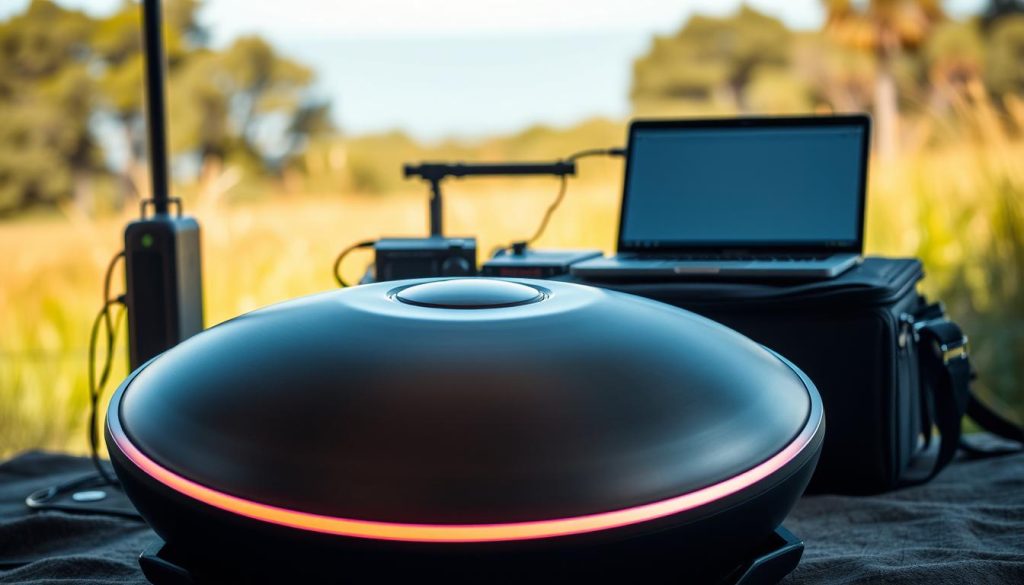 A sleek, modern electronic handpan sits prominently in the foreground, illuminated by soft, warm ambient lighting that highlights its smooth surface and intricate design. In the middle ground, a well-organized portable studio setup includes a reliable battery pack, essential audio equipment, and a compact laptop, all conveying the idea of mobility and versatility. The background features a serene outdoor setting, with soft focus on gentle greenery and a clear blue sky, implying a sense of freedom and exploration. The atmosphere is calm and inspiring, inviting musicians to envision their journey with this innovative instrument. The image captures the essence of autonomy and the nomadic potential of using an electronic handpan, embodying creativity in music-making on the go. A sleek, modern electronic handpan sits prominently in the foreground, illuminated by soft, warm ambient lighting that highlights its smooth surface and intricate design. In the middle ground, a well-organized portable studio setup includes a reliable battery pack, essential audio equipment, and a compact laptop, all conveying the idea of mobility and versatility. The background features a serene outdoor setting, with soft focus on gentle greenery and a clear blue sky, implying a sense of freedom and exploration. The atmosphere is calm and inspiring, inviting musicians to envision their journey with this innovative instrument. The image captures the essence of autonomy and the nomadic potential of using an electronic handpan, embodying creativity in music-making on the go.