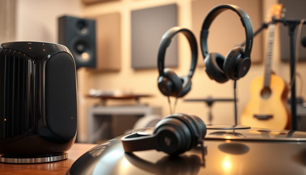 A sleek, modern integrated speaker designed for electronic handpan music, placed prominently in the foreground. The speaker features a glossy black finish with subtle LED indicators and cylindrical shape, set against a softly blurred studio environment. In the middle ground, an array of high-quality headphones hangs nearby, showcasing their cushioned ear pads and flexible headband, emphasizing the monitoring aspect. The background hints at a well-equipped music studio with soundproof walls and musical instruments subtly visible. Soft, warm lighting creates an inviting atmosphere, casting gentle reflections on the speaker’s surface, while a slight depth of field directs focus on the speaker and headphones. The overall mood is professional yet creative, illustrating the synergy between sound and technology. A sleek, modern integrated speaker designed for electronic handpan music, placed prominently in the foreground. The speaker features a glossy black finish with subtle LED indicators and cylindrical shape, set against a softly blurred studio environment. In the middle ground, an array of high-quality headphones hangs nearby, showcasing their cushioned ear pads and flexible headband, emphasizing the monitoring aspect. The background hints at a well-equipped music studio with soundproof walls and musical instruments subtly visible. Soft, warm lighting creates an inviting atmosphere, casting gentle reflections on the speaker’s surface, while a slight depth of field directs focus on the speaker and headphones. The overall mood is professional yet creative, illustrating the synergy between sound and technology.