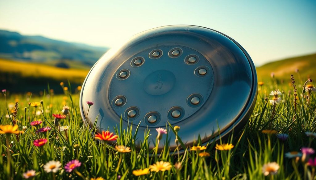 A beautifully detailed handpan resting on a lush green meadow, its polished steel surface reflecting soft sunlight; the instrument showcases various gamuts of notes, each highlighted by subtle variations in color. In the foreground, vibrant wildflowers surround the handpan, adding a harmonious touch of nature. In the middle ground, the handpan appears central with its unique Dorian scale depicted through bright, luminous circles that symbolize the tonalities. The background features a gentle blur of rolling hills under a clear blue sky, enhancing the serene atmosphere. The lighting is warm and inviting, casting a soft glow around the handpan, evoking a sense of calm and inspiration. The mood is tranquil and uplifting, perfect for illustrating the connection between music and voice.