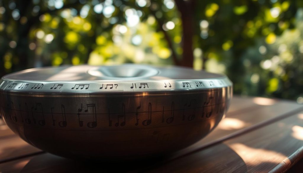 A close-up view of a beautifully crafted handpan, showcasing its intricate metallic surface and the distinct tonal notes stamped around its rim. The handpan is placed on a wooden surface that adds warmth to the composition. In the background, soft, blurred hues of nature create a serene atmosphere, suggesting an outdoor setting, with dappled sunlight filtering through leaves, casting gentle highlights on the handpan’s surface. The angle is slightly above eye level, capturing the elegance of the instrument while emphasizing its curves. This image evokes a tranquil and meditative mood, highlighting the harmony of sound and nature. A close-up view of a beautifully crafted handpan, showcasing its intricate metallic surface and the distinct tonal notes stamped around its rim. The handpan is placed on a wooden surface that adds warmth to the composition. In the background, soft, blurred hues of nature create a serene atmosphere, suggesting an outdoor setting, with dappled sunlight filtering through leaves, casting gentle highlights on the handpan’s surface. The angle is slightly above eye level, capturing the elegance of the instrument while emphasizing its curves. This image evokes a tranquil and meditative mood, highlighting the harmony of sound and nature.