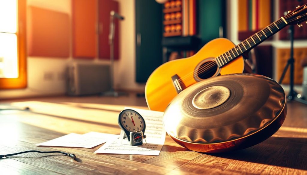 A dynamic scene showcasing a handpan and an acoustic guitar, elegantly arranged on a wooden floor. In the foreground, the handpan glistens under soft, warm lighting, highlighting its intricate patterns and curves. Beside it, the guitar leans casually, with sunlight filtering through a nearby window, casting gentle shadows. In the middle ground, a metronome ticks rhythmically, surrounded by musical sheets filled with notations, symbolizing groove construction. The background features a blurred, cozy music studio filled with vibrant colors and soundproofing panels, enhancing the atmosphere of creativity and collaboration. The overall mood is inviting and inspirational, emphasizing the rhythmic cohesion between the instruments, perfect for illustrating groove, rhythm, and dynamics in music. A dynamic scene showcasing a handpan and an acoustic guitar, elegantly arranged on a wooden floor. In the foreground, the handpan glistens under soft, warm lighting, highlighting its intricate patterns and curves. Beside it, the guitar leans casually, with sunlight filtering through a nearby window, casting gentle shadows. In the middle ground, a metronome ticks rhythmically, surrounded by musical sheets filled with notations, symbolizing groove construction. The background features a blurred, cozy music studio filled with vibrant colors and soundproofing panels, enhancing the atmosphere of creativity and collaboration. The overall mood is inviting and inspirational, emphasizing the rhythmic cohesion between the instruments, perfect for illustrating groove, rhythm, and dynamics in music.