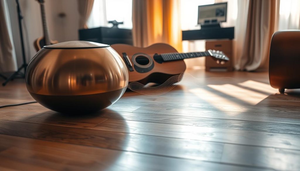 A serene and ethereal music studio scene, showcasing a graceful handpan and an elegant acoustic guitar, placed harmoniously on a polished wooden floor. The foreground captures the intricate details of the handpan's curved surface, reflecting soft golden and silver hues, while the guitar’s deep brown wood contrasts beautifully. In the middle, a subtle array of ambient sound waves visually emanates from the instruments, blending with the shadows. The background features softly lit curtains and a warm, inviting light filtering through, creating a tranquil atmosphere. The overall mood should feel inspiring and reflective, with a slight bokeh effect to enhance depth, captured with a wide-angle lens for a comprehensive view of this creative space. A serene and ethereal music studio scene, showcasing a graceful handpan and an elegant acoustic guitar, placed harmoniously on a polished wooden floor. The foreground captures the intricate details of the handpan's curved surface, reflecting soft golden and silver hues, while the guitar’s deep brown wood contrasts beautifully. In the middle, a subtle array of ambient sound waves visually emanates from the instruments, blending with the shadows. The background features softly lit curtains and a warm, inviting light filtering through, creating a tranquil atmosphere. The overall mood should feel inspiring and reflective, with a slight bokeh effect to enhance depth, captured with a wide-angle lens for a comprehensive view of this creative space.