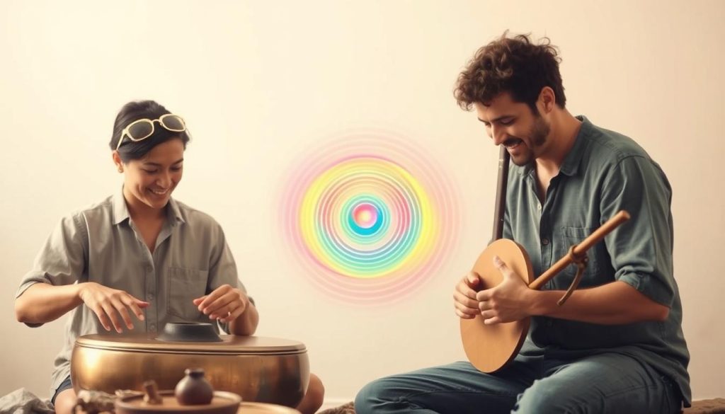 A serene, harmonious scene illustrating the concept of "frequency." In the foreground, two musicians, one playing a handpan and the other a didgeridoo, are deeply focused on their instruments, dressed in modest casual clothing. Their expressions reflect concentration and joy as they create music together. The middle ground features sound waves visually emanating from their instruments, represented as vibrant, colorful ripples that blend seamlessly, symbolizing the coexistence of frequencies. The background is a soft gradient of pastel colors, creating a tranquil atmosphere, with soft, diffused lighting highlighting the musicians. The image captures the essence of collaboration and unity in sound, inviting viewers to feel the peaceful energy of their music.