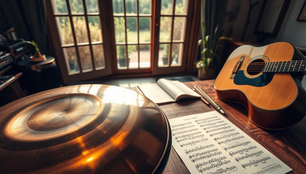 A serene indoor music studio scene featuring a handpan and a guitar prominently displayed in the foreground. The handpan, crafted with a glossy metallic finish, gleams under warm, soft lighting, while the wooden guitar showcases detailed craftsmanship. In the middle ground, music sheets filled with handwritten notes and arrangements are scattered across a rustic wooden table, hinting at the process of learning and practicing. In the background, a large window offers a glimpse of a tranquil garden, enhancing the atmosphere of calm focus. The overall mood is inspiring and productive, ideal for practicing and progressing in music, with gentle shadows adding depth to the scene. The composition should emphasize harmony and creativity in the learning process. A serene indoor music studio scene featuring a handpan and a guitar prominently displayed in the foreground. The handpan, crafted with a glossy metallic finish, gleams under warm, soft lighting, while the wooden guitar showcases detailed craftsmanship. In the middle ground, music sheets filled with handwritten notes and arrangements are scattered across a rustic wooden table, hinting at the process of learning and practicing. In the background, a large window offers a glimpse of a tranquil garden, enhancing the atmosphere of calm focus. The overall mood is inspiring and productive, ideal for practicing and progressing in music, with gentle shadows adding depth to the scene. The composition should emphasize harmony and creativity in the learning process.