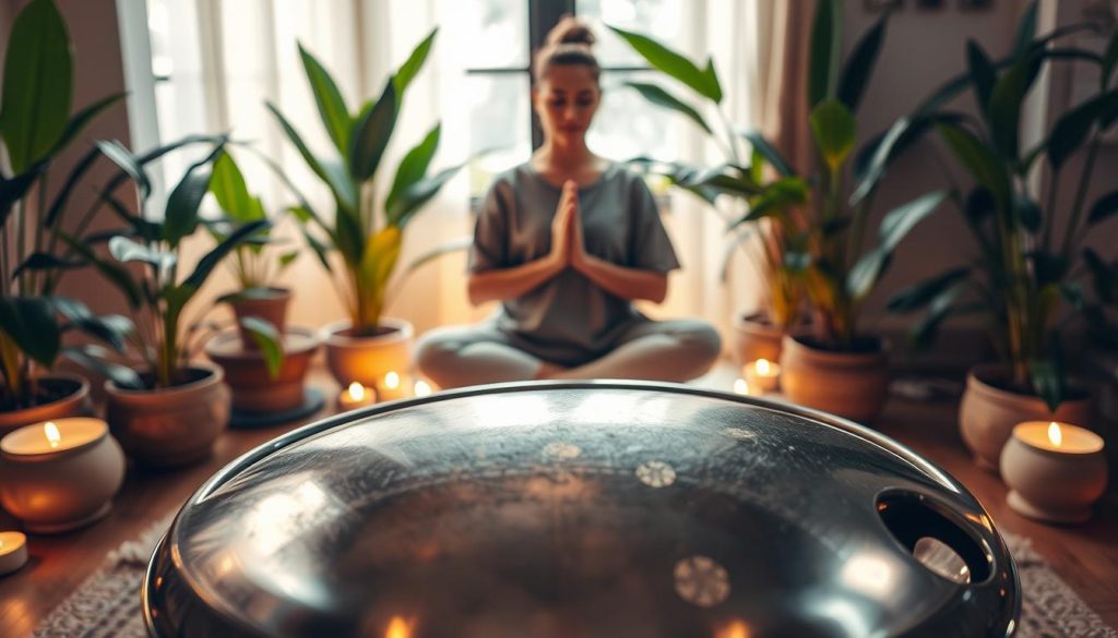 A serene indoor setting featuring a handpan prominently displayed in the foreground, shining with metallic hues. Surrounding the handpan are soft, glowing lights that create a warm atmosphere, highlighting the intricate tones and textures of the instrument. In the middle, a person in modest casual clothing sits cross-legged, gently playing the handpan, their hands poised gracefully above the instrument. The background includes lush green plants and a soothing ambiance with gentle light filtering through a window, enhancing the tranquil mood. Use a shallow depth of field to focus on the handpan and the musician, creating a dreamlike quality that captures the essence of musical harmony and the spiritual connection between sound and voice.
