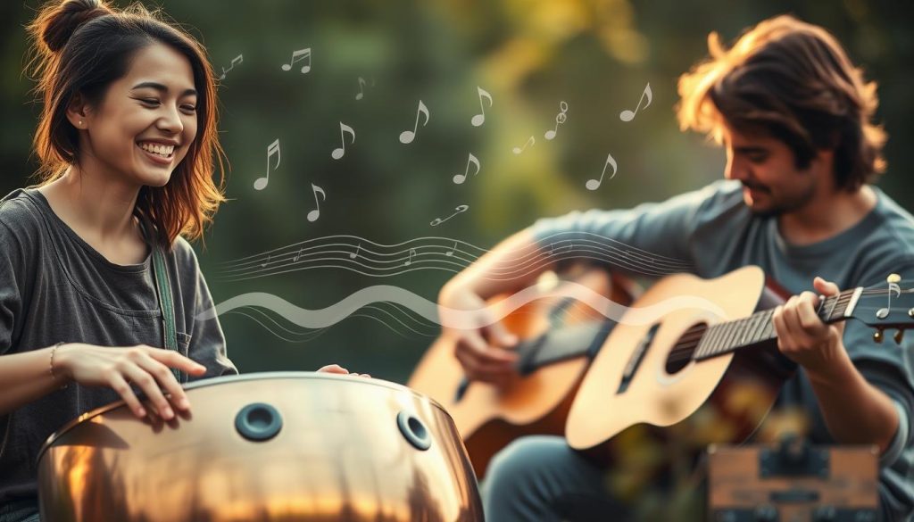 A serene music collaboration scene featuring a handpan and acoustic guitar. In the foreground, a melodic handpan player with joyful expression, dressed in modest casual clothing, creates captivating sounds. Beside them, an acoustic guitarist strums rhythmically, focused and engaged. In the middle background, subtle musical notes and abstract waves represent the harmonious interplay of rhythm, chords, and melodies, visually illustrating the concept of "role distribution" without overlap. Soft, warm lighting gives the scene an inviting atmosphere, while a blurred natural setting enhances focus on the musicians. The overall mood is harmonious and creative, encapsulating the idea of collaboration and musical synergy. A serene music collaboration scene featuring a handpan and acoustic guitar. In the foreground, a melodic handpan player with joyful expression, dressed in modest casual clothing, creates captivating sounds. Beside them, an acoustic guitarist strums rhythmically, focused and engaged. In the middle background, subtle musical notes and abstract waves represent the harmonious interplay of rhythm, chords, and melodies, visually illustrating the concept of "role distribution" without overlap. Soft, warm lighting gives the scene an inviting atmosphere, while a blurred natural setting enhances focus on the musicians. The overall mood is harmonious and creative, encapsulating the idea of collaboration and musical synergy.