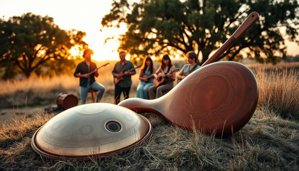 A serene outdoor setting where a handpan and didgeridoo are placed side by side on a soft, grassy knoll. In the foreground, the handpan glimmers under warm, golden hour lighting, showcasing its intricate patterns. The didgeridoo leans gracefully nearby, with indigenous designs etched into its surface. The middle ground contains a group of musicians, dressed in modest, casual clothing, engaging in a rhythmic session, their faces expressing concentration and joy. In the background, trees gently sway in a light breeze, and a soft sunset bathes the scene in a warm glow, enhancing the tranquil atmosphere. The composition should evoke a sense of harmony and rhythm, focusing on the collaborative essence of the instruments.