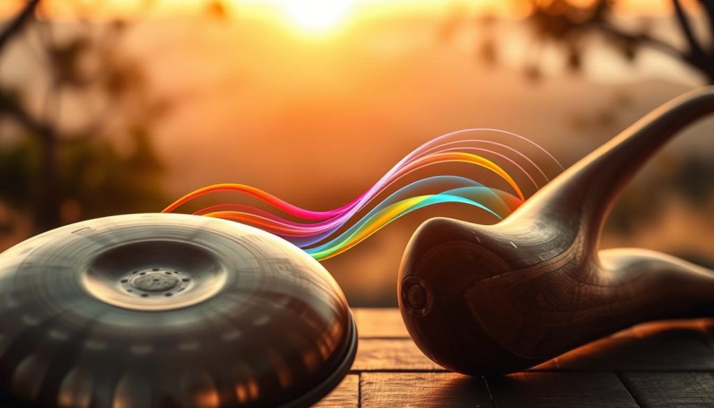 A serene scene focusing on the interplay of sound frequencies, featuring a handpan and a didgeridoo artistically arranged in the foreground. The handpan, reflecting gentle curves and metallic hues, is positioned next to the didgeridoo, carved from rich, earthy wood. In the middle ground, soft waves of sound frequencies are illustrated visually as colorful, flowing lines or ripples radiating outward, symbolizing the connection of these instruments. The background reveals a tranquil landscape, possibly a sunset-lit natural setting, with soft bokeh effect to create depth. The lighting should be warm and inviting, casting delicate shadows that enhance the mood of harmony and creativity. The overall atmosphere evokes a sense of peace, balance, and musical exploration.