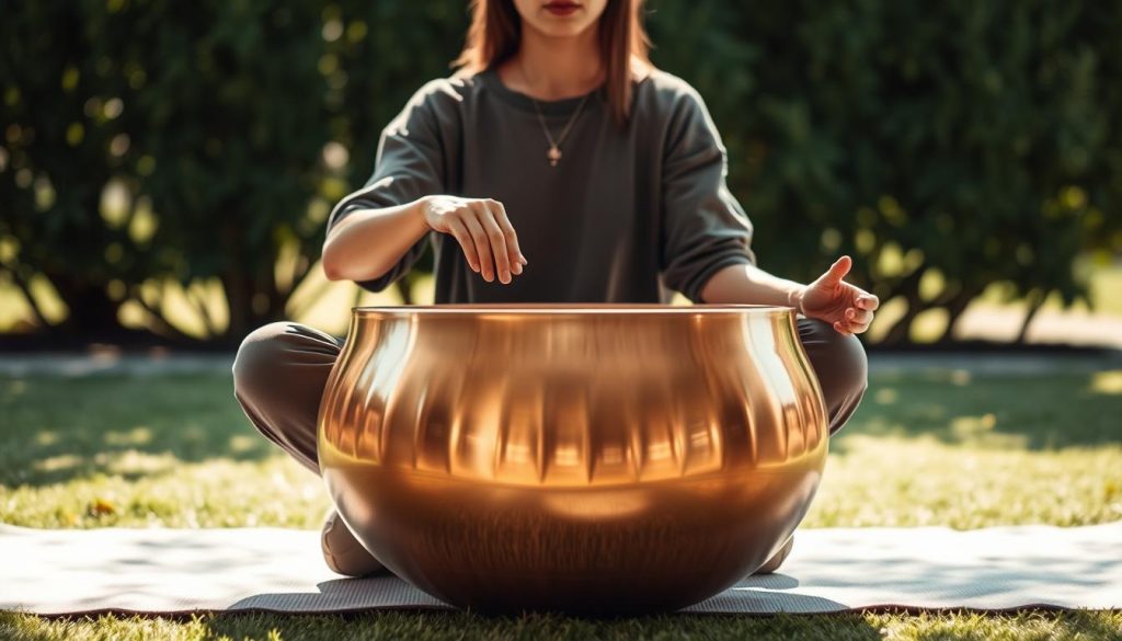 A serene setting showcasing a handpan player, seated cross-legged on a yoga mat, immersed in minimalist techniques. In the foreground, the handpan gleams in warm copper tones, reflecting sunlight. The player, dressed in comfortable yet modest clothing, gently strikes the handpan, creating a tranquil atmosphere. In the middle background, soft, blurred greenery frames the scene, suggesting a peaceful outdoor environment. Subtle light filters through the leaves, casting gentle shadows on the player and instrument. The overall mood is calm and reflective, evoking a sense of mindfulness and connection to music. The angle captures the player's focused expression and the intricate details of the handpan's surface, emphasizing the elegance of minimalist play that complements melodic vocals. A serene setting showcasing a handpan player, seated cross-legged on a yoga mat, immersed in minimalist techniques. In the foreground, the handpan gleams in warm copper tones, reflecting sunlight. The player, dressed in comfortable yet modest clothing, gently strikes the handpan, creating a tranquil atmosphere. In the middle background, soft, blurred greenery frames the scene, suggesting a peaceful outdoor environment. Subtle light filters through the leaves, casting gentle shadows on the player and instrument. The overall mood is calm and reflective, evoking a sense of mindfulness and connection to music. The angle captures the player's focused expression and the intricate details of the handpan's surface, emphasizing the elegance of minimalist play that complements melodic vocals.