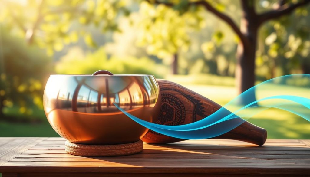 A vibrant, harmonious scene showcasing a handpan and a didgeridoo, positioned side by side on a wooden platform bathed in warm, natural light. In the foreground, the handpan gleams with iridescent colors reflecting from its curved surface, while the didgeridoo, made of richly textured wood, displays intricate carvings. In the middle ground, soft blue and green waves symbolize sound frequencies, gently radiating from the instruments, creating a sense of movement and interaction. The background features a tranquil outdoor setting with lush greenery and soft-focus trees, enhancing the serene atmosphere. The overall mood is meditative and harmonious, inviting viewers to explore the fusion of these unique musical frequencies. Capture this scene with a soft focus and a slightly elevated angle, emphasizing the beauty of the instruments and their connection.
